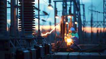 DuraLabel- An electrical arc at a Substation. An electrician is in the background.