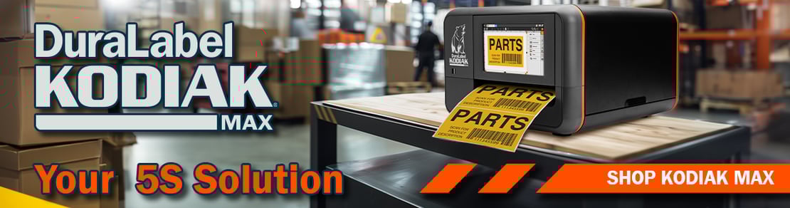 DuraLabel KJodiak Max printing premium vinyl labels in a warehouse for 5S