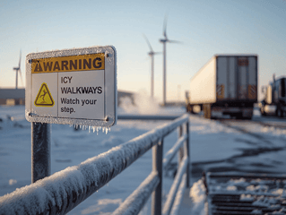 A warning: Icy Walkways safety sign on a rail at a truck depot.