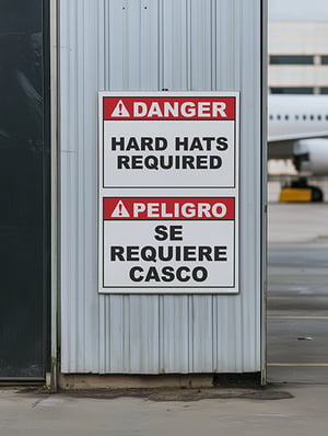 Bilingual safety signage notifying workers to wear hard hats.