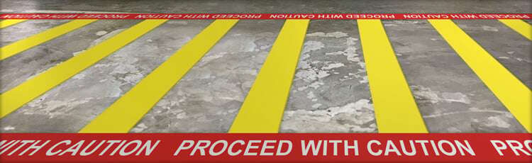Text and bold color lines mark a warehouse floor.