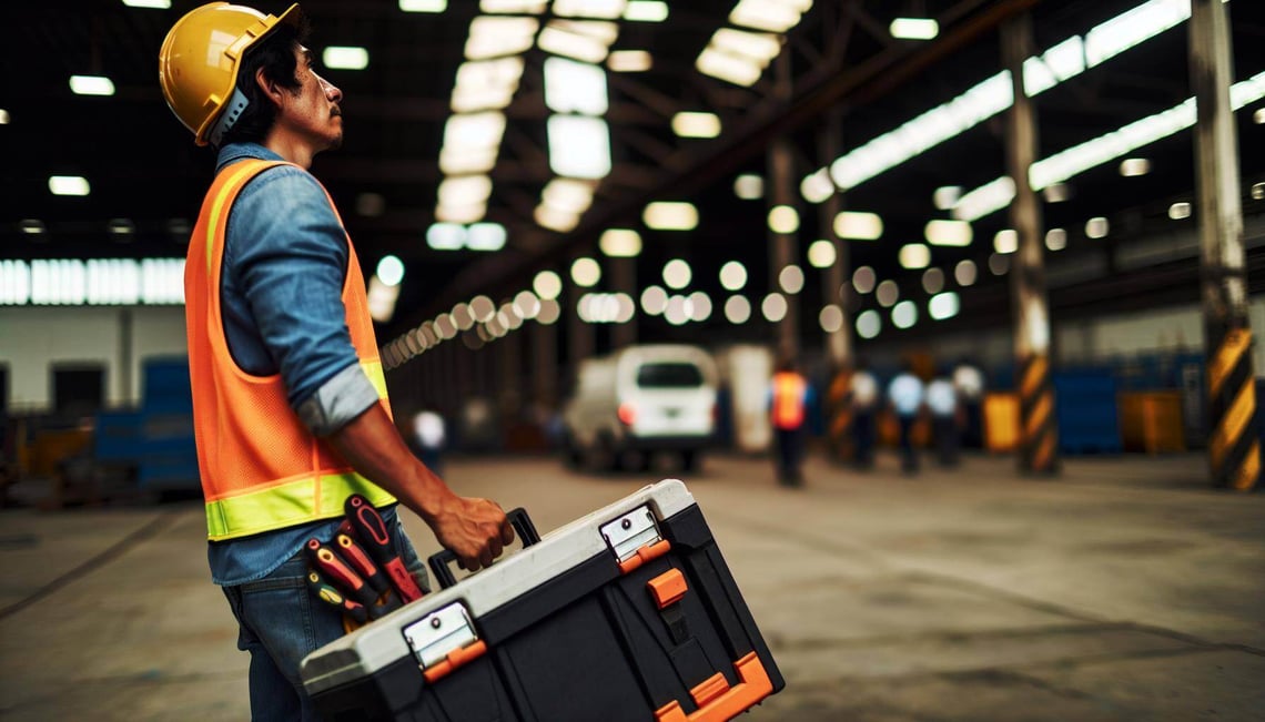low angle, Candid documentary photography, A construction worker carrying a tool box, He is wearing an orange high visibility vest and a yellow hard h