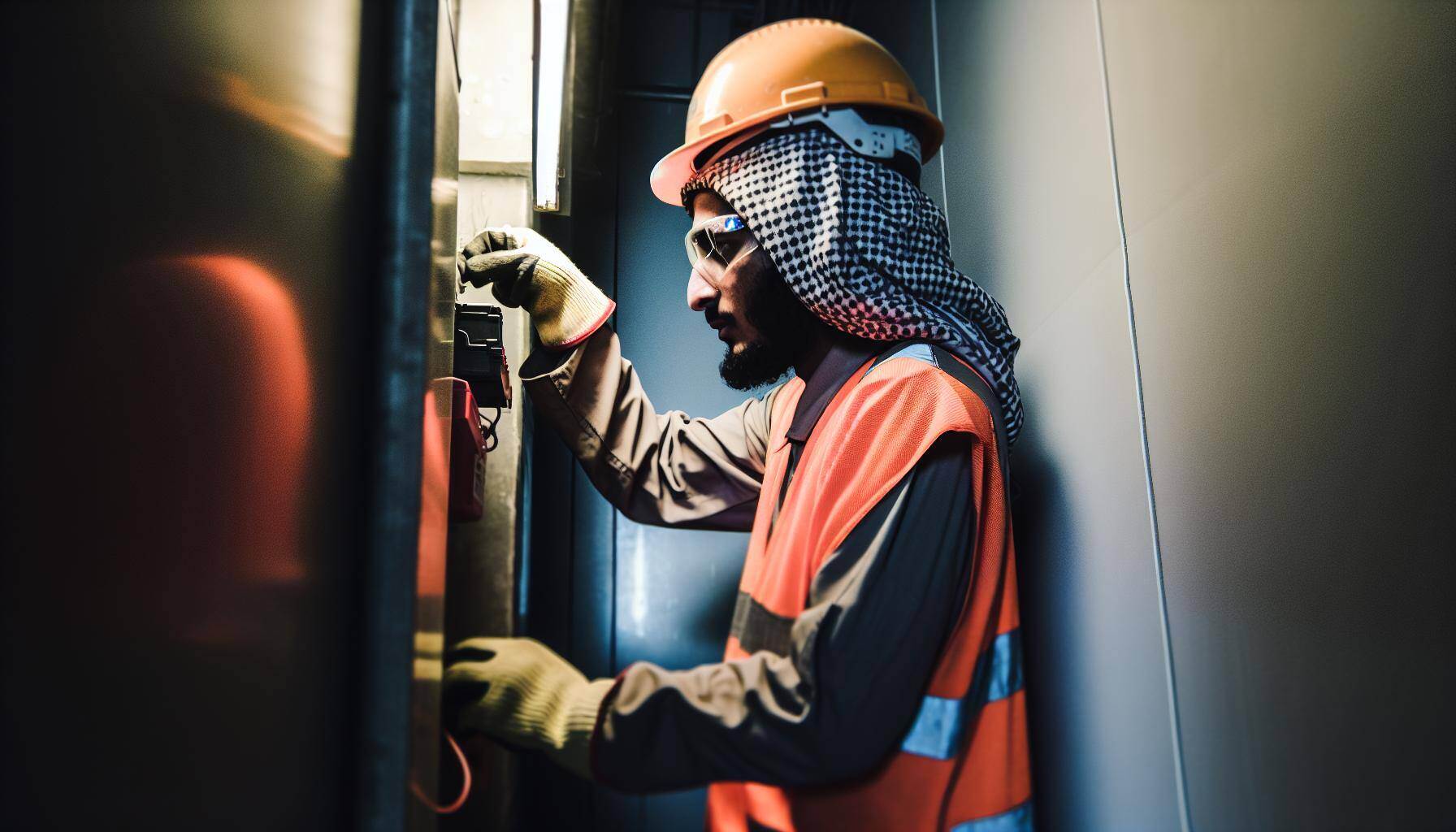 low angle, Candid documentary photography, A construction worker is fixing an electrical box, He is wearing safety glasses, gloves, an orange high vis-1
