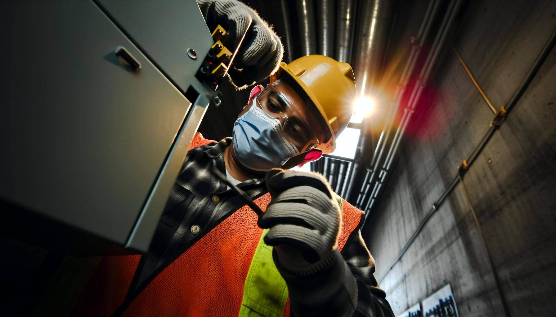 low angle, Candid documentary photography, A construction worker is fixing an electrical box, He is wearing safety glasses, gloves, an orange high vis-Aug-16-2024-06-12-24-2462-PM
