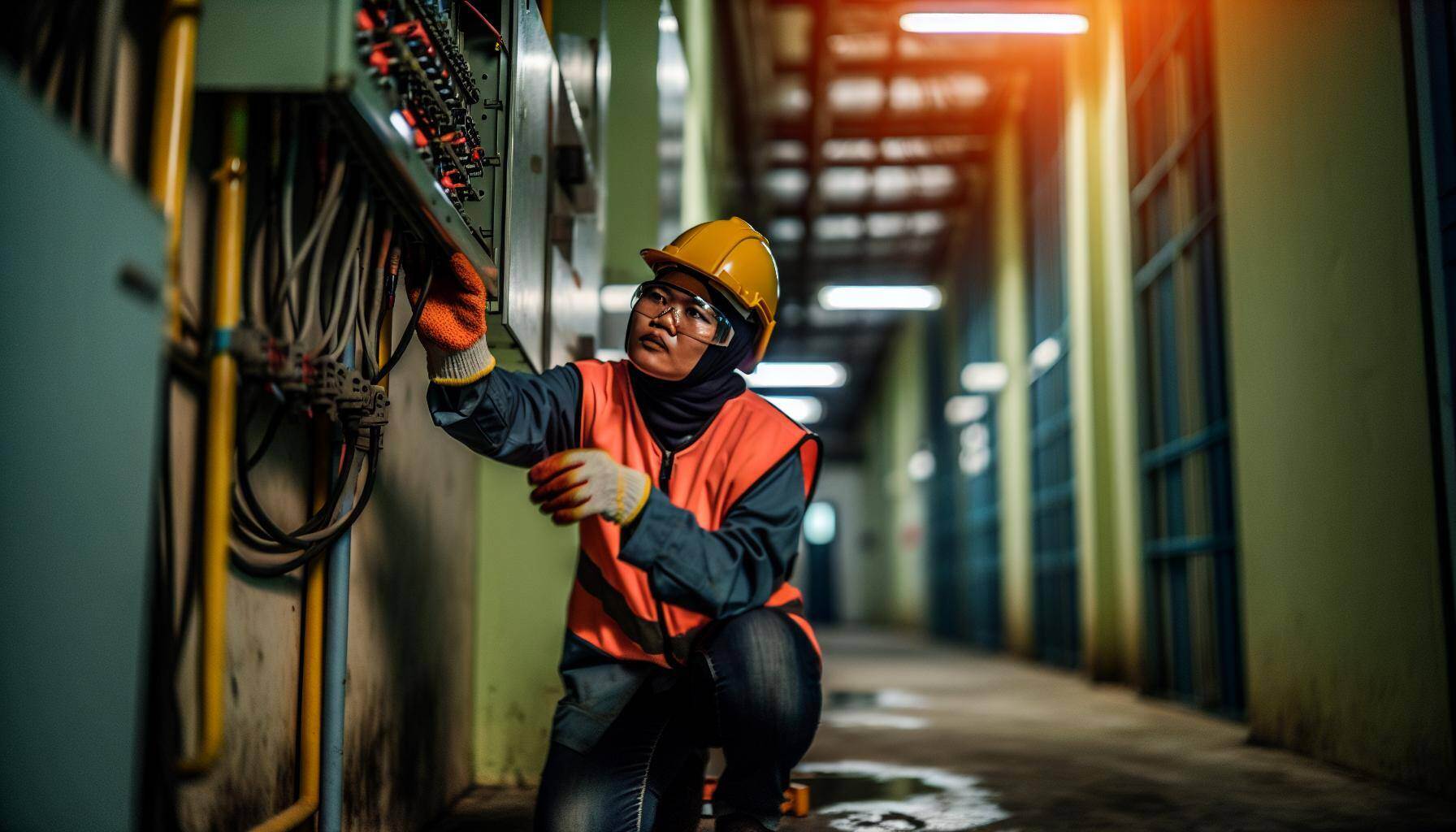 low angle, Candid documentary photography, A construction worker is fixing an electrical box, He is wearing safety glasses, gloves, an orange high vis-Aug-19-2024-04-41-03-9859-PM