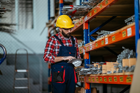 A worker observes and organizes inventory by reading the DuraLabel organizing labels.