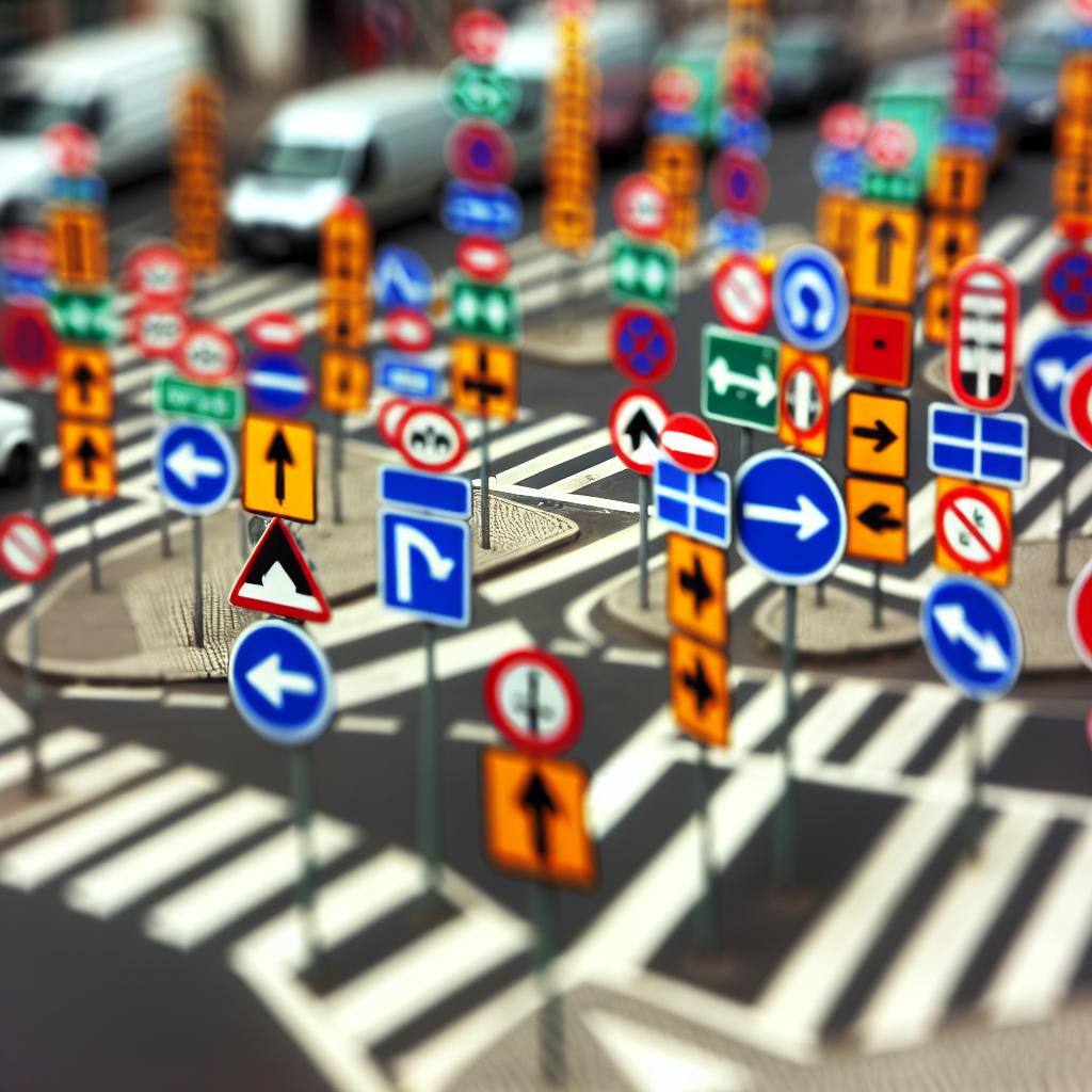 A busy intersection with various road signs directing traffic in different directions.