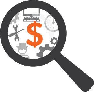 magnifying glass focused on an orange dollar sign